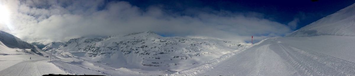 Panoramic view of snowcapped mountains against sky
