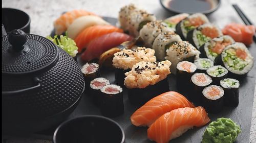 High angle view of sushi in plate on table