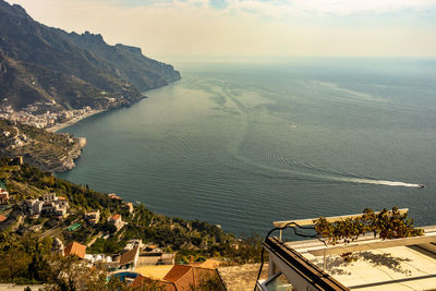 High angle view of buildings by sea against sky