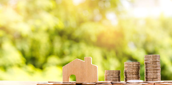 Close-up of wooden house with coins on table