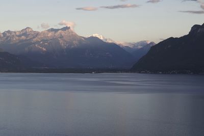 Scenic view of mountains and lake against sky