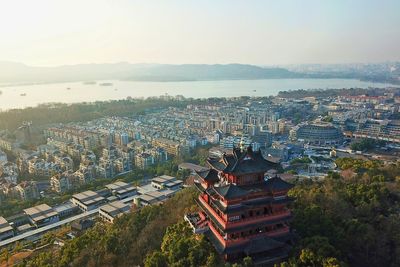 High angle view of cityscape against clear sky