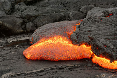 Close-up of bonfire on rock