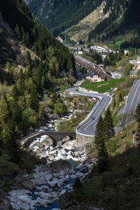 High angle view of road by mountain against sky