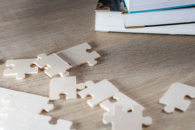 High angle view of jigsaw puzzle on table