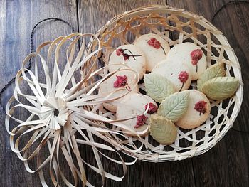 High angle view of fruits in basket on table