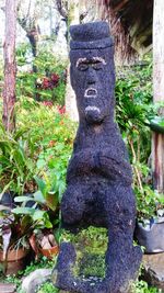 Close-up of statue against tree trunk