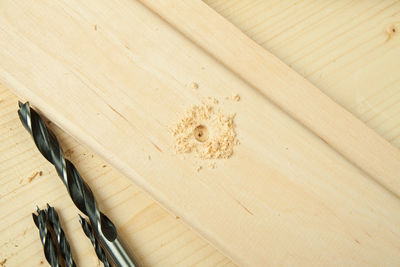 High angle view of wood on table