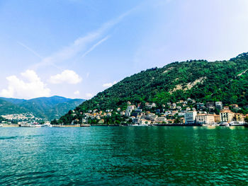 Scenic view of sea by townscape against sky