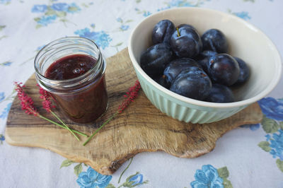 High angle view of fruits in jar on table