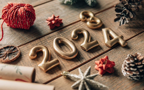 High angle view of christmas decorations on table