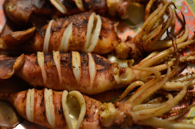 Close-up of seafood on barbecue