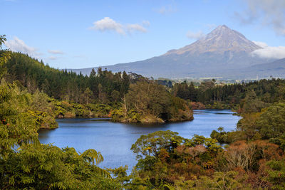 Scenic view of lake and mountains against sky