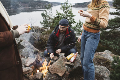 People in traditional clothing during winter