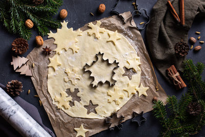 High angle view of cookies on table