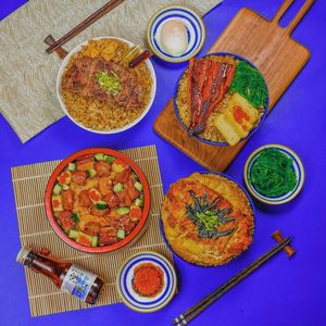 High angle view of food served on table