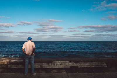 Rear view of man looking at sea against sky