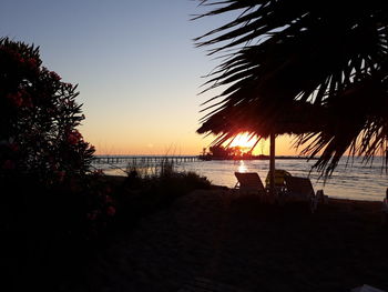 Silhouette palm trees on beach against sky during sunset