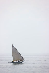 Sailboat in sea against clear sky