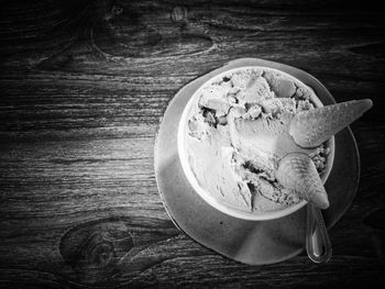 Close-up of ice cream in bowl on table