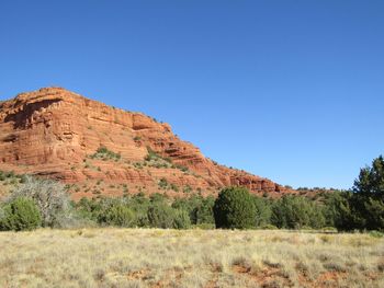 Scenic view of field against clear blue sky