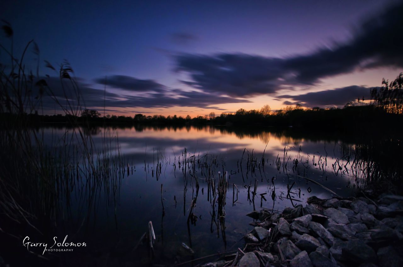 tranquility, water, tranquil scene, sky, lake, scenics, sunset, beauty in nature, nature, reflection, plant, cloud - sky, silhouette, dusk, idyllic, cloud, lakeshore, growth, calm, non-urban scene