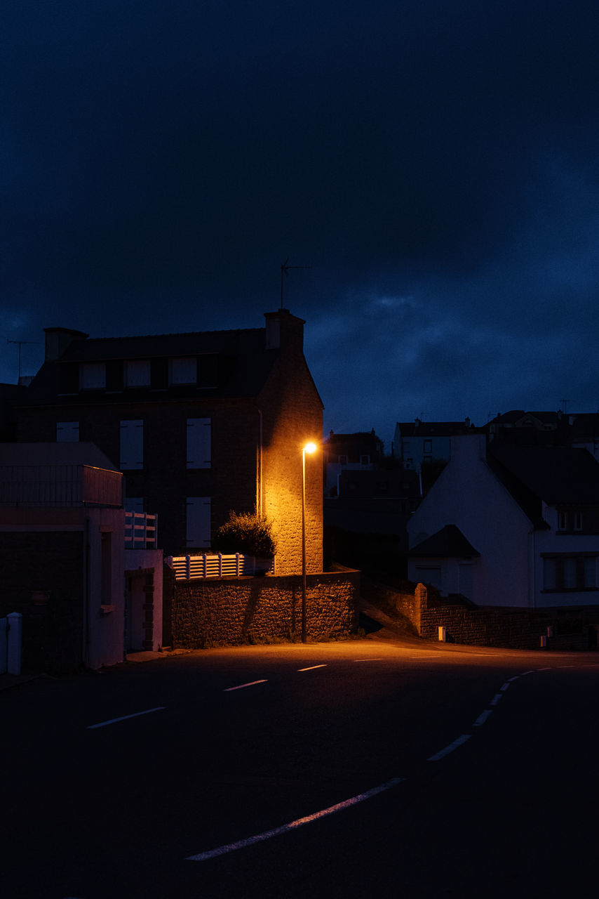 architecture, built structure, illuminated, building exterior, night, building, sky, city, street, no people, residential district, dusk, house, nature, cloud - sky, transportation, lighting equipment, road, street light, outdoors, light