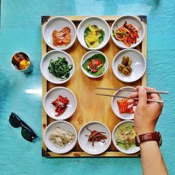 Directly above shot of served food on table