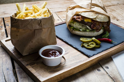 High angle view of food on table