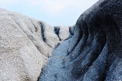 Close-up of snow on rock against sky