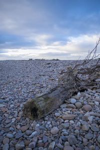 Pebbles on beach against cloudy sky