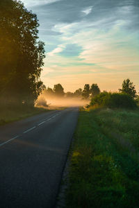 Road by trees against sky during sunset