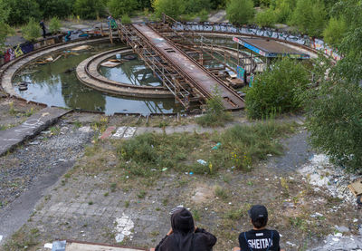 High angle view of people on bridge