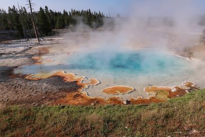 Landscape of multi colored geyser pool in yellowstone national park