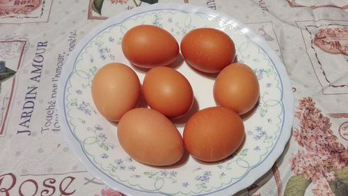 Close-up of eggs in plate on table