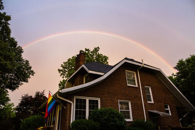 Low angle view of rainbow over house against sky during sunset
