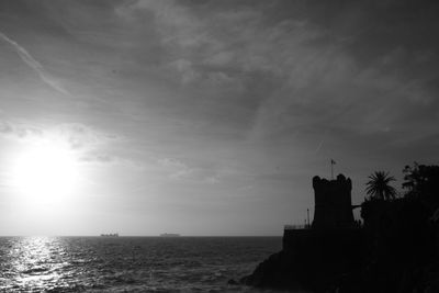 Silhouette lighthouse by sea against sky during sunset