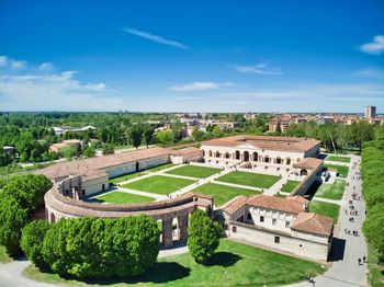 High angle view of buildings against sky