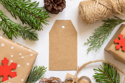 High angle view of christmas decorations on table