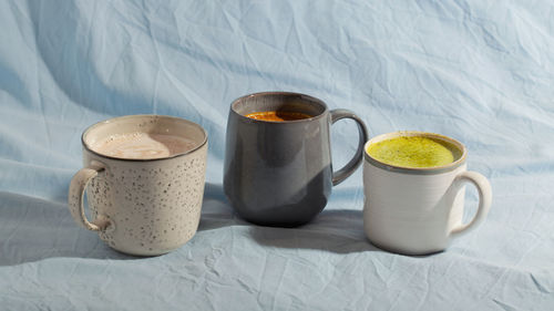 High angle view of coffee cup on table