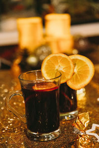 Close-up of beer in glass on table