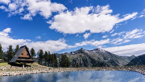 Scenic view of lake by mountains against sky