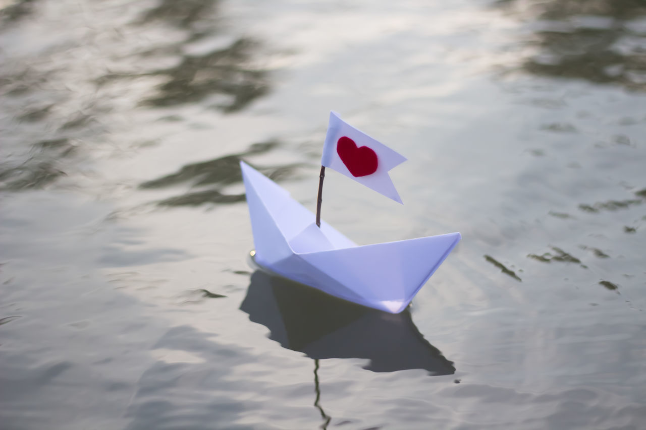 HIGH ANGLE VIEW OF PAPER FLOATING ON LAKE