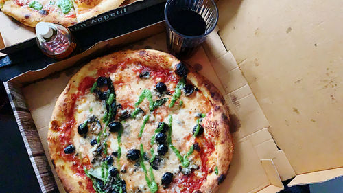 High angle view of pizza on table