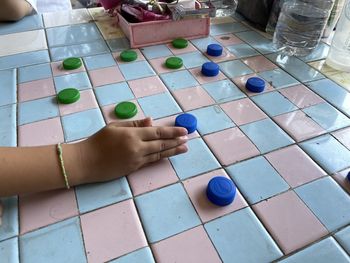 High angle view of multi colored toys on table