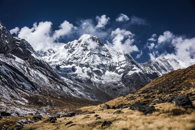 Scenic view of snowcapped mountains against sky