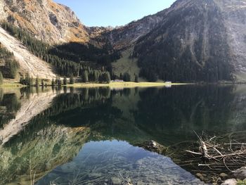 Scenic view of lake and mountains against sky