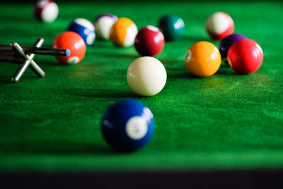 Close-up of balls on pool table