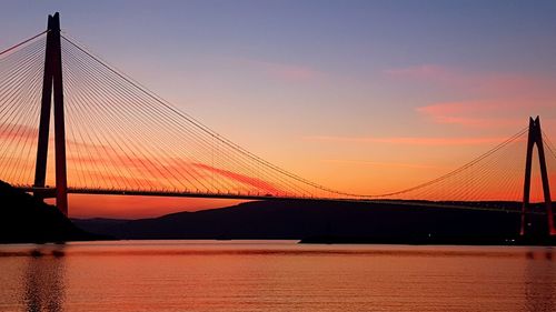 View of suspension bridge at sunset