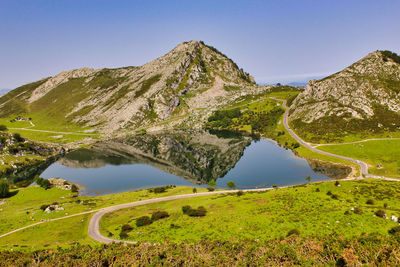 Scenic view of mountains against clear sky